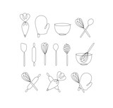 Fototapeta  - Linear bakery tools pastry bag, potholder, bowl, whisk, spoon, rolling pin, spatula drawing in pen line style on white background
