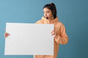 Sticker - Female technical support agent with blank poster on blue background