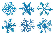 Six Snowflakes Drawn With Watercolor Blue Paint On A White Isolated Background