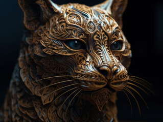  Close up portrait of a lynx with oriental ornament woodcarving elements background