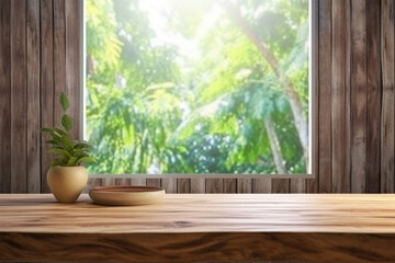 Wall Mural - Empty wooden table top, flowers, tropical landscape and window in interior. Background, mock up, template for montage product display.