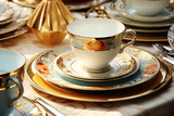 Fototapeta  - Elegant porcelain dinner set. Luxury ceramics tableware setting. AI generated