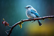Mountain bluebird sitting on a tree branch with rain falling in the background, focused shot,  wild life photography. Generative AI
