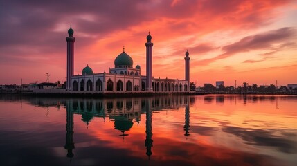 Poster -  Songkhla Central Mosque in day to night with colorful skies at sunset and the lights of the mosque and reflections in the water