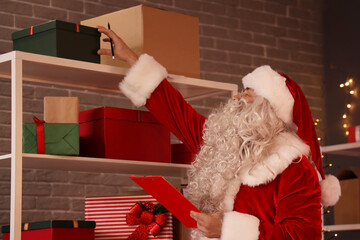 Sticker - Santa Claus with clipboard checking Christmas gifts and parcels in post office