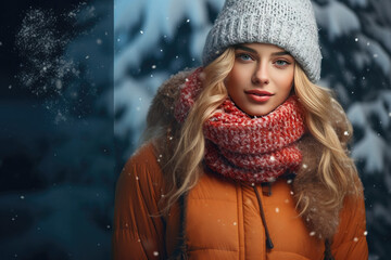 Wall Mural - Cute blonde woman in warm winter clothes on a snowy spruce background. Free space for product placement or advertising text.