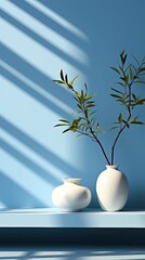 Wall Mural - Minimalistic abstract gentle light blue background for product presentation with light and intricate shadow from tree branches on wall. Background with shadow. Generative AI