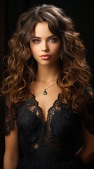 Wall Mural - Brunette girl with long and shiny wavy hair. Beautiful model with curly hairstyle. Model illustration. Generative AI