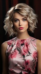 Wall Mural - Beautiful model girl with short hair. Beauty smiling woman with blonde curly hairstyle dye. Fashion, cosmetics and makeup. Model illustration. Generative AI