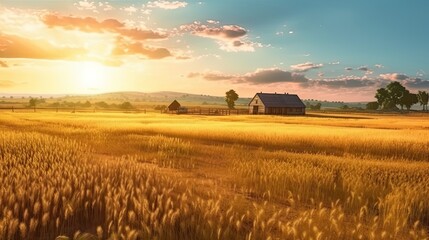 Wall Mural - Field and sky in golden hours. Farm background of sunrise. Beautiful style illustration. Generative AI