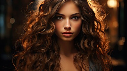 Wall Mural - Brunette girl with long and shiny wavy hair. Beautiful model with curly hairstyle. Model illustration. Generative AI
