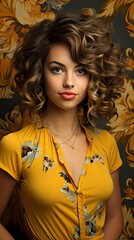 Wall Mural - Happy young woman with curly hair in front of yellow wall. Model portrait illustration. Generative AI