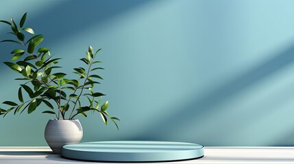 Wall Mural - Minimalistic abstract gentle light blue background for product presentation with light and intricate shadow from tree branches on wall. Background with shadow. Generative AI