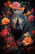 Nosorożec wychylający się z kwiatów 