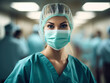 © britaseifert - A nurse in a busy hospital hallway, confidently adjusting her comfortable blue surgical mask