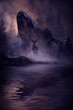 Dark fantasy mountain landscape, river bank, deer on a mountain in the forest, reflection in the water. 3D illustration