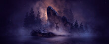 Dark Fantasy Mountain Landscape, River Bank, Deer On A Mountain In The Forest, Reflection In The Water. 3D Illustration