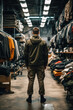 Man in military clothing warehouse
