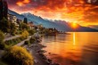 Scenic sunrise over Montreux, Lake Geneva in Switzerland. Generative AI