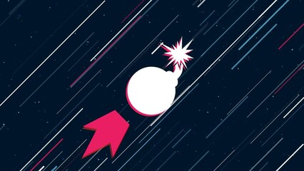 Poster - Bomb symbol flies through the universe on a jet propulsion. The symbol in the center is shaking due to high speed. Seamless looped 4k animation on dark blue background with stars