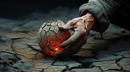 Mystical glowing orb cradled in weathered hand amidst barren, cracked earth, hinting at arcane secrets and desolation.