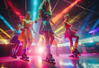 Female ice skaters perform in a club at night.