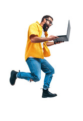Jumping, running crazy programmer, web developer or designer holding laptop in his hands. Discount, sale, season sales. Shocked or surprised facial expression. Funny promotion poster.