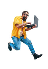 Jumping, running crazy programmer, web developer or designer holding laptop in his hands. Discount, sale, season sales. Shocked or surprised facial expression. Funny promotion poster.