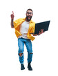 © San4ezz007 - Jumping crazy programmer, web developer or designer holding laptop in his hands and pointing to your text. Discount, sale, season sales. Shocked or surprised facial expression. Funny promotion poster.