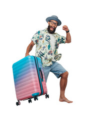 Funny portrait of an emotional jumping guy in a hat and Hawaiian shirt with a suitcase on wheels. Magazine style collage. Flyer with trendy colors, advertising copy space. Vacation and tourism concept