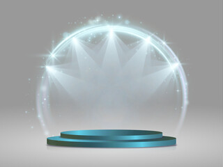 Poster - Podium for product presentation vector illustration. Abstract empty award platform with light round frame, bokeh effect and rays of light.