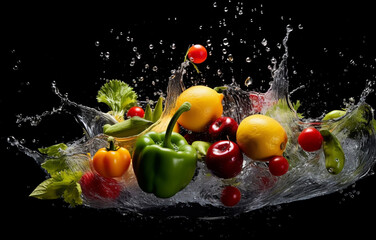  Many fruits and vegetables falling into water over black background. Generated AI