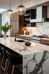 Wall Mural - A modern luxury kitchen with marble countertop