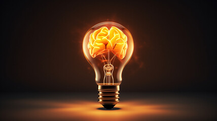 Wall Mural - light bulb with brain inside on dark background. mixed media