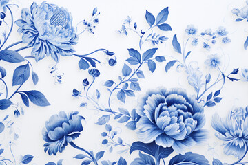  Vintage floral seamless pattern in blue and white colors. Hand-drawn illustration.