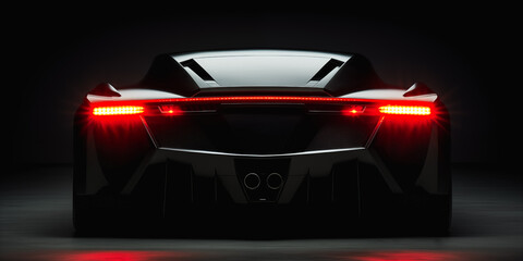 Black sports car. Generic brandless black car, rear view. Black modern car headlights, copy space