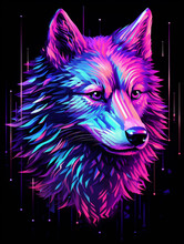 Isometric 3D Wolf, With Long Curly Hair, Neon Grid Background, Vaporwave Aesthetic, Digital Pixels And Glitches