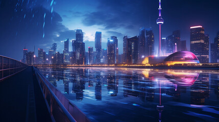 Wall Mural - Futuristic River, metallic water, neon reflections, city skyline on the horizon, cyberpunk vibe