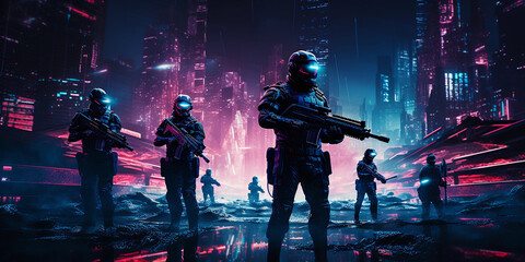 Futuristic conflict, abstract pixelated soldiers with laser guns, 8 - bit retro style meets cyberpunk, heavy use of neon and dark backgrounds
