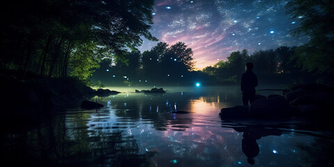 Canvas Print - river in silhouette, moonlit water, iridescent fish patterns, starry sky, whimsical atmosphere
