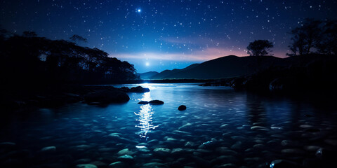 Canvas Print - river in silhouette, moonlit water, iridescent fish patterns, starry sky, whimsical atmosphere