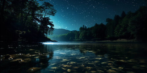Canvas Print - river in silhouette, moonlit water, iridescent fish patterns, starry sky, whimsical atmosphere