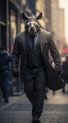 Sticker - A rhino in a suit and tie walking down a street. Generative AI.