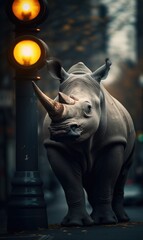 Sticker - A rhino standing next to a traffic light. Generative AI.