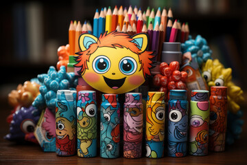 Aufkleber - A stack of colorful children's drawings, highlighting the expressive artistry of young minds. Concept of childhood creativity. Generative Ai.