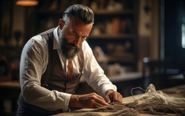 A cute tailor male with beard and glasses working near wooden table in an  amazing atelier with antique furniture