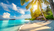 amazing sunny panorama at maldives luxury resort seascape majestic sea waves coconut palm trees sand sunshine sky beauty paradise beach popular destination best summer vacation travel background