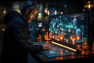 Poster - A nuclear physicist analyzing data on a computer screen, emphasizing the role of technology in atomic energy research. Concept of data analysis in nuclear physics. Generative Ai.