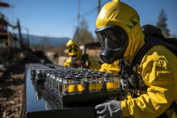 Poster - a scientist handling a geiger counter near a uranium enrichment facility, demonstrating efforts to p