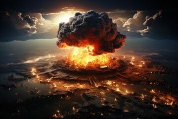 Poster - an aerial view of a nuclear testing site, emphasizing the historical and geopolitical aspects of ato